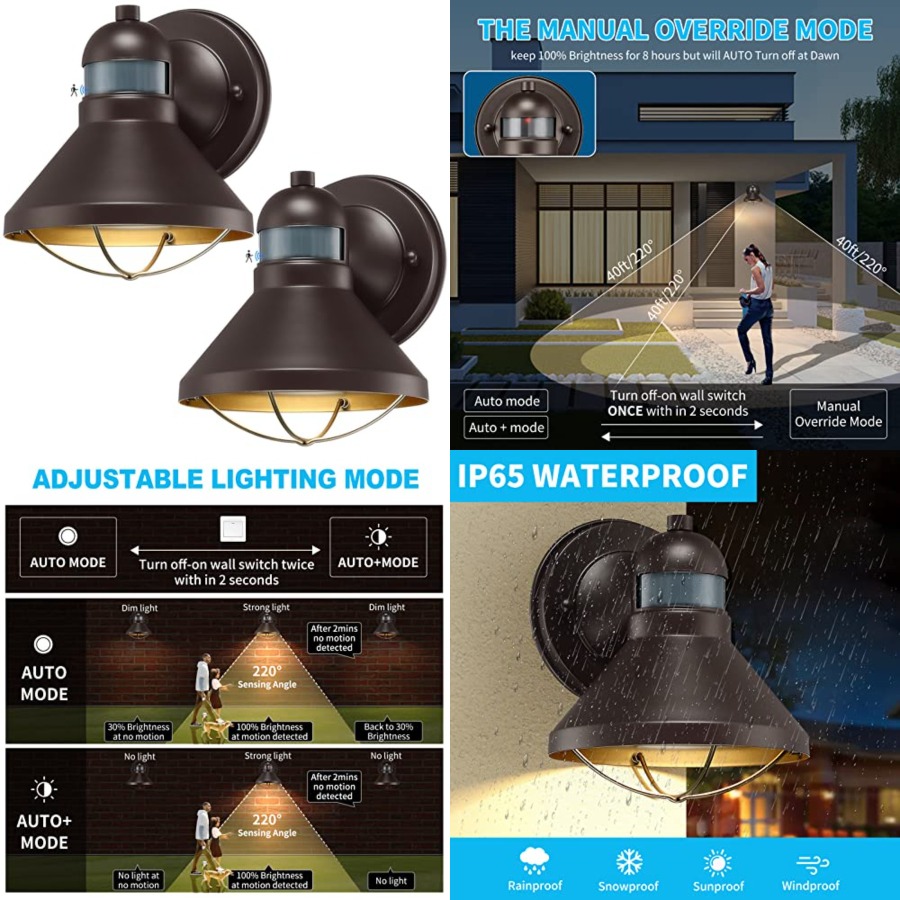 Outdoor Lighting With Sensor - 2팩 모션 센서 야외 LED 벽등,